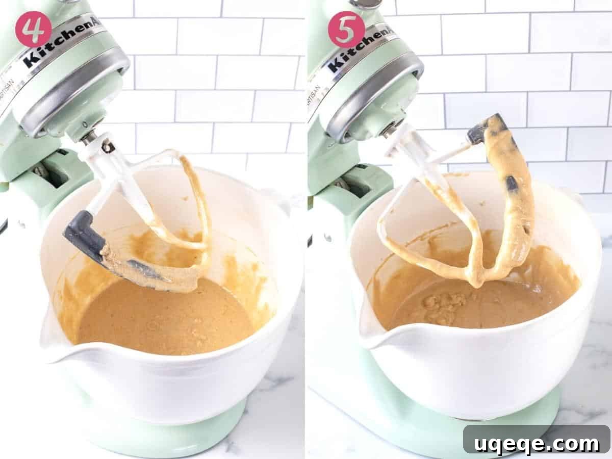 Two images depicting the mixing process of the coffee bundt cake, showing the gradual addition of dry ingredients to the wet batter.