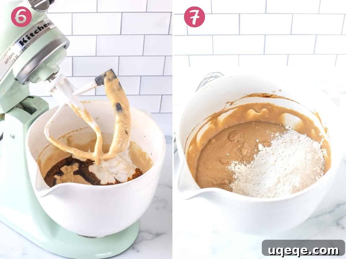 Two images showcasing the final stages of mixing the coffee bundt cake batter by hand, ensuring a smooth and lump-free consistency.