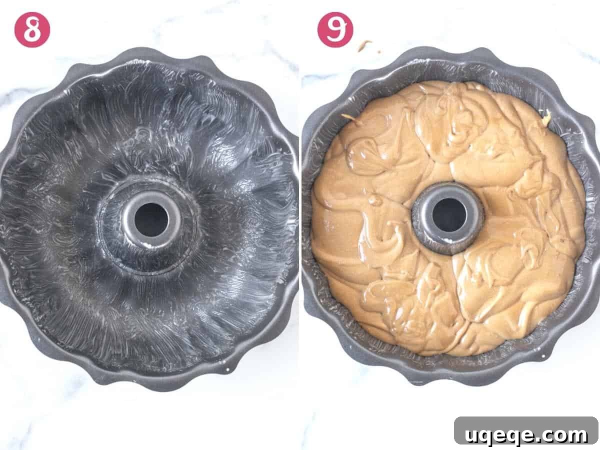 Two photos side-by-side: a perfectly greased bundt pan ready for batter, and the same bundt pan filled with coffee cake batter, prepared for baking.