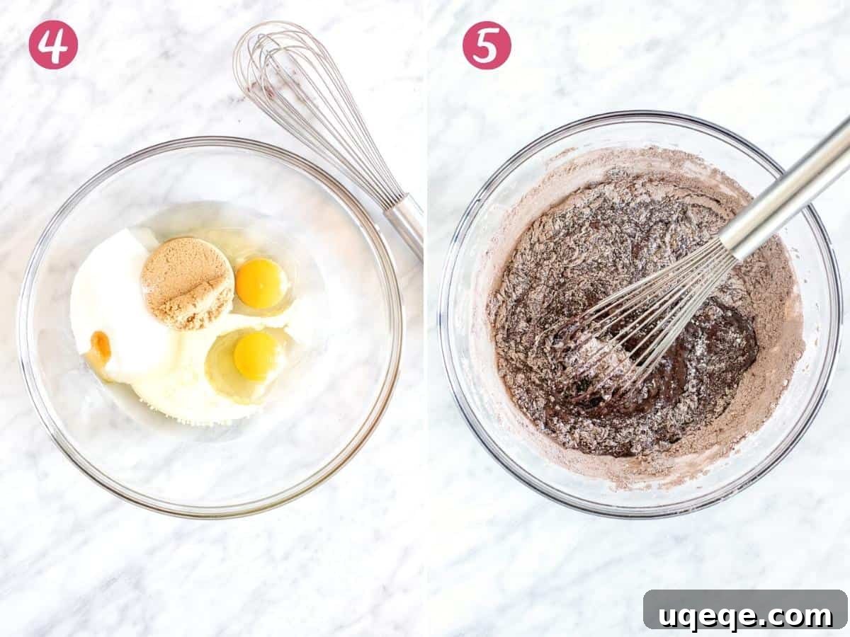 Bowl of wet ingredients and bowl of mixing dry ingredients into wet ingredients.