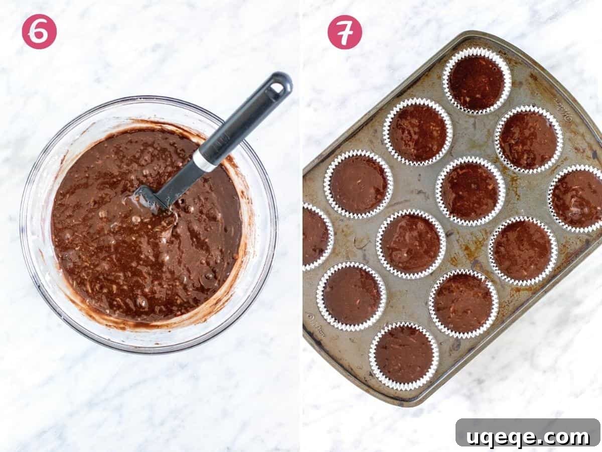 Bowl of chocolate cupcake batter and muffin tin filled with chocolate cupcake batter