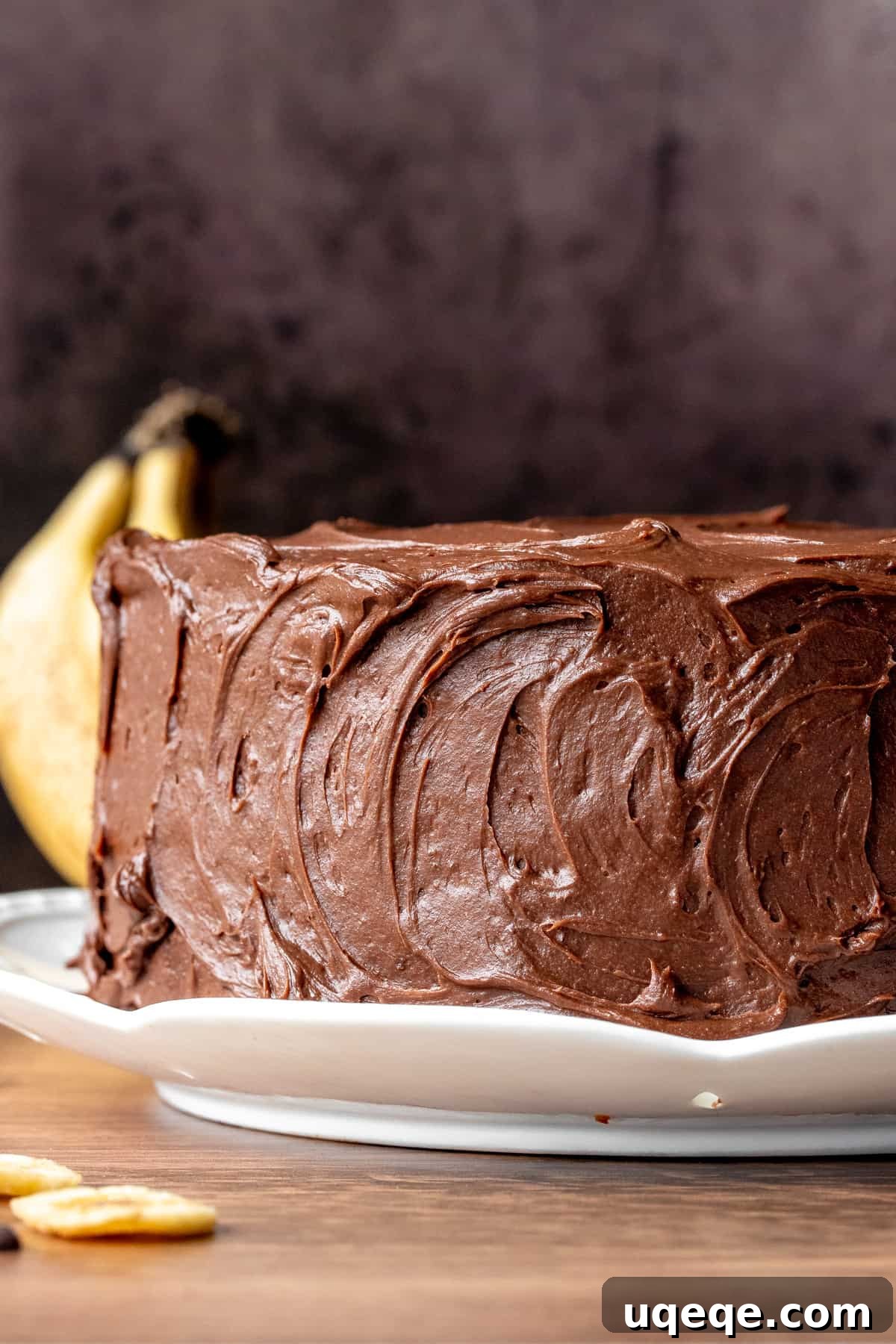 Decadent Banana Chocolate Chip Cake 3 Two-layer banana chocolate chip cake decorated with smooth chocolate frosting swirls