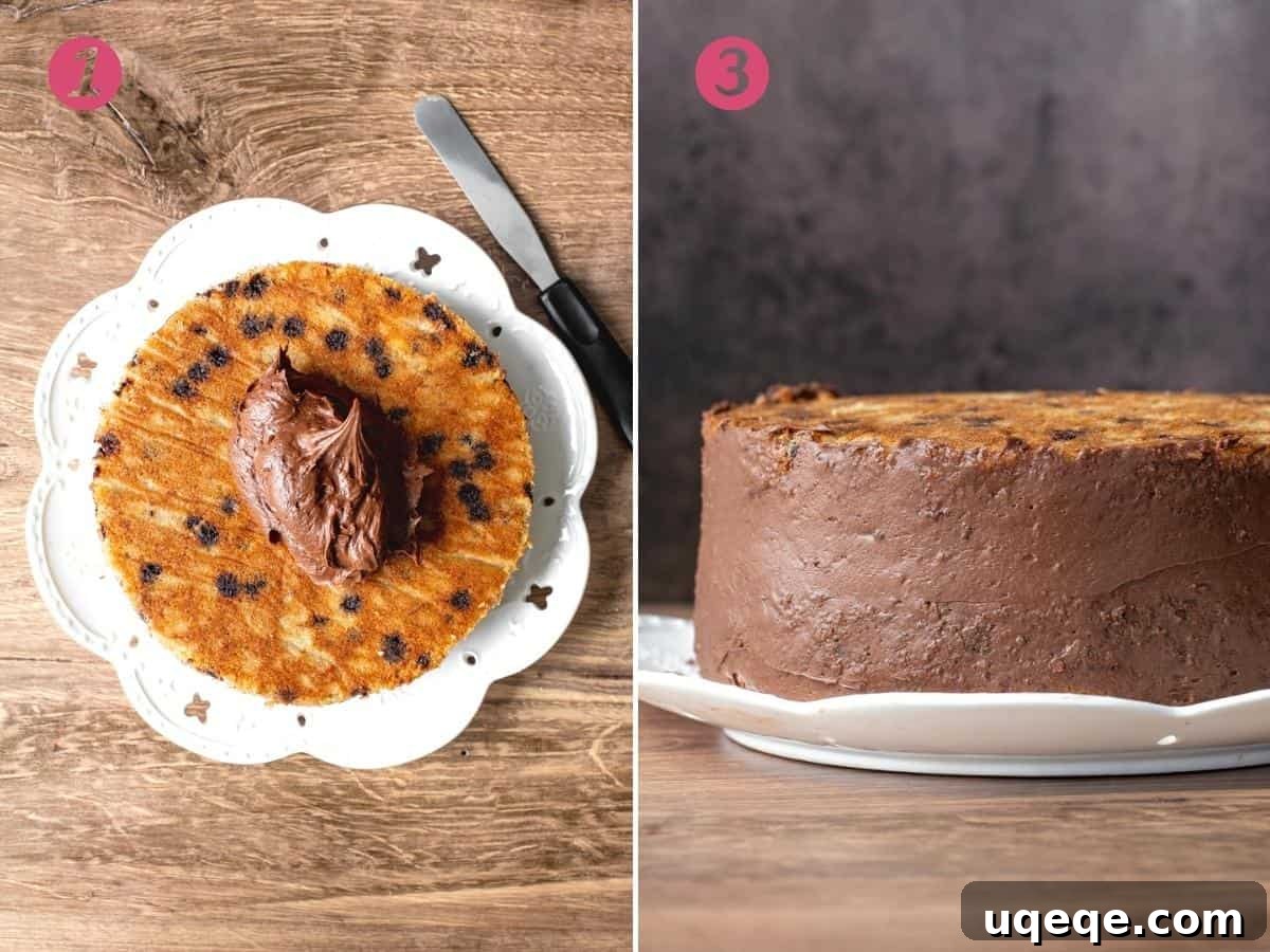 Decadent Banana Chocolate Chip Cake 4 Two sequential photos demonstrating how to apply a crumb coat to a layer cake, sealing in crumbs for a smooth finish