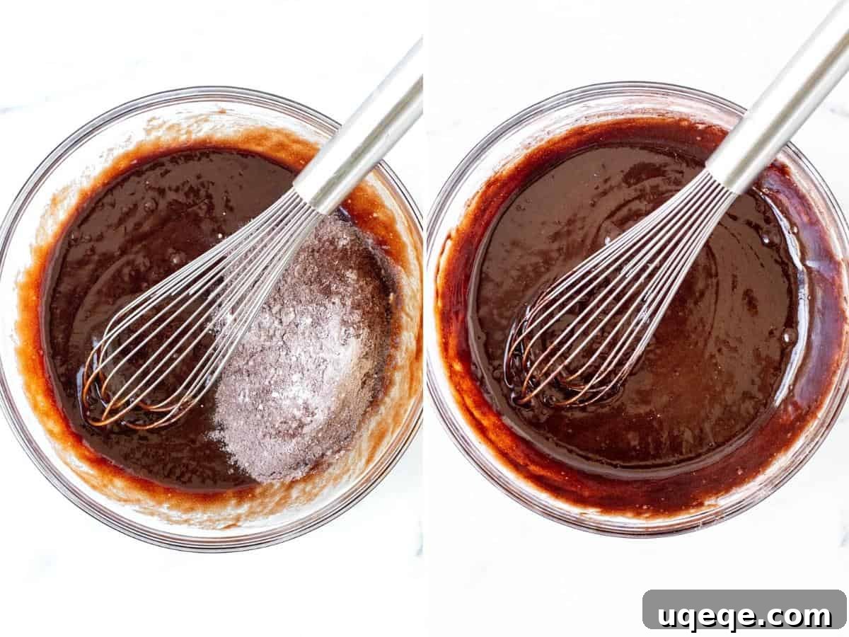 Layered Pumpkin Pie Fudgy Brownies 4 Two bowls: one with melted chocolate, flour, and cocoa powder ready to be mixed, and another showing the finished brownie batter.