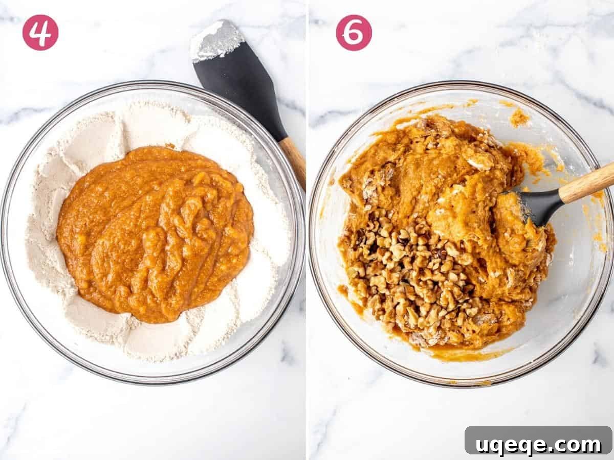 Two images side-by-side showing the process of combining wet and dry ingredients and then adding mix-ins like walnuts to pumpkin banana bread batter.