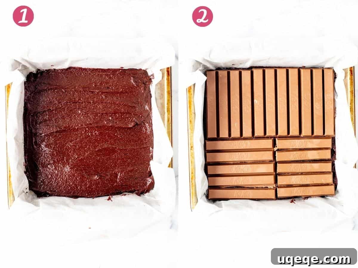Ultimate Kit Kat Brownie Bars 5 Two images: one showing brownie batter poured into a pan, and the second showing Kit Kat bars neatly arranged on top of the batter layer.