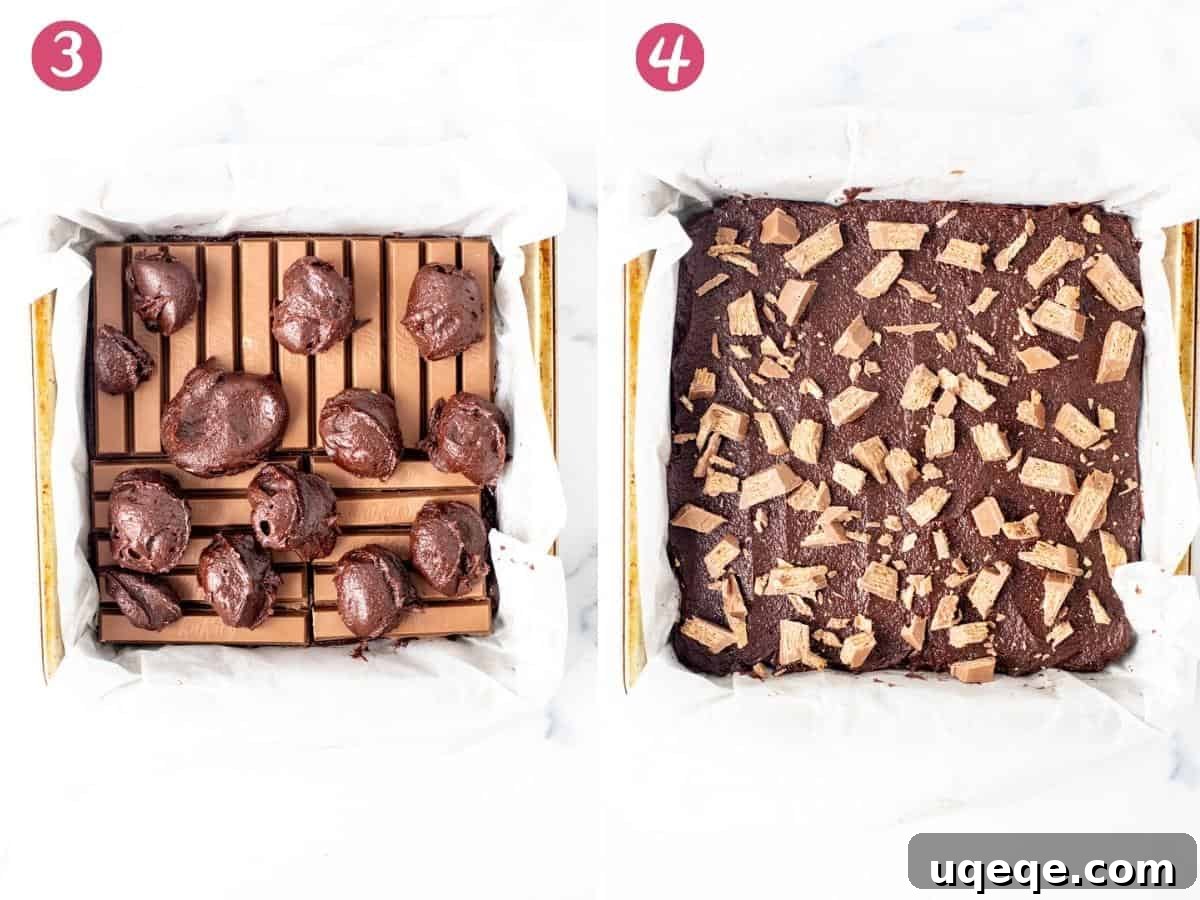 A two-panel image showing the process of dropping spoonfuls of batter over Kit Kats, then spreading it evenly, and finally sprinkling crushed wafers on top.