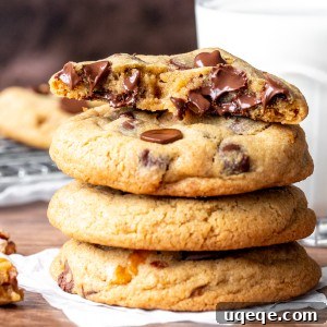 Decadent Chocolate Walnut Delights 6 A beautiful stack of perfectly baked chocolate chip walnut cookies, showcasing their golden edges and enticing texture.