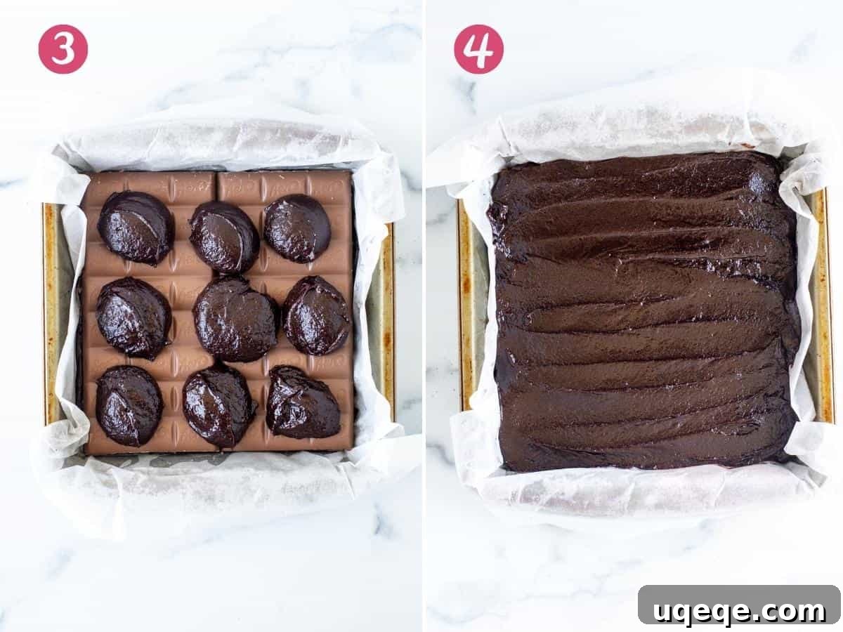Aero Peppermint Brownie Delight 5 Assembling Mint Aero brownies, with the top layer of batter being smoothed over the Aero bars