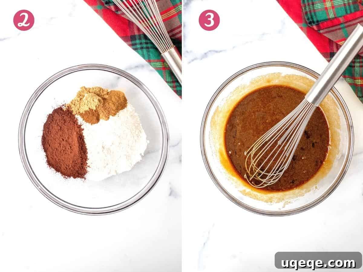 Two bowls side by side: one containing dry ingredients (flour, cocoa, spices) and the other holding the wet molasses, sugar, and egg mixture, ready to be combined.