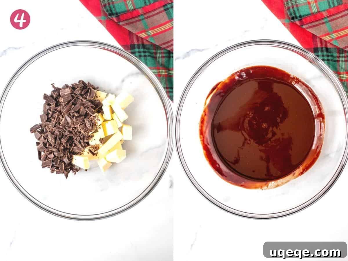 Two images side by side: one shows cubed butter and chopped dark chocolate in a bowl before melting, the other shows the same ingredients perfectly melted and smooth.