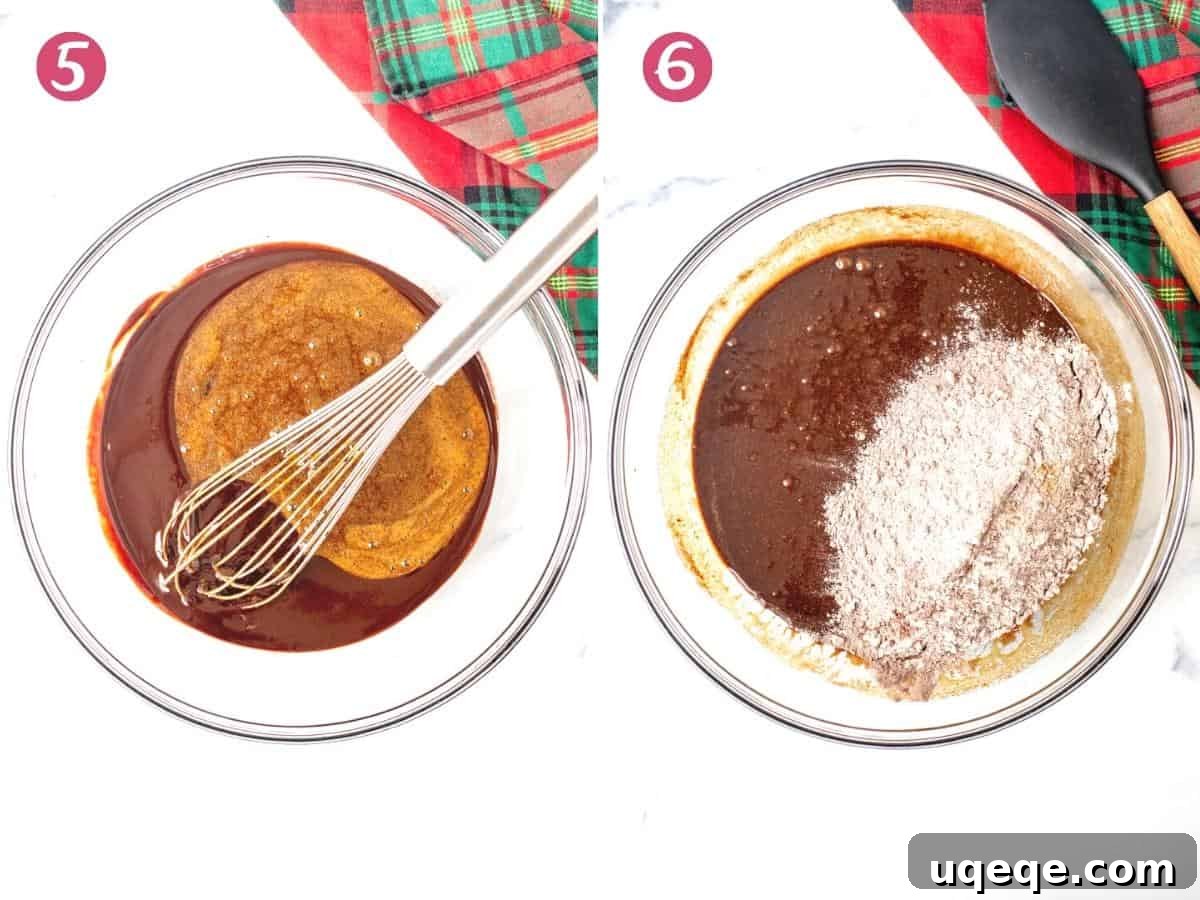 Two images: the first shows the smooth, whisked chocolate and molasses mixture. The second shows brownie batter after the dry ingredients have been gently folded in, ready for chocolate chips.