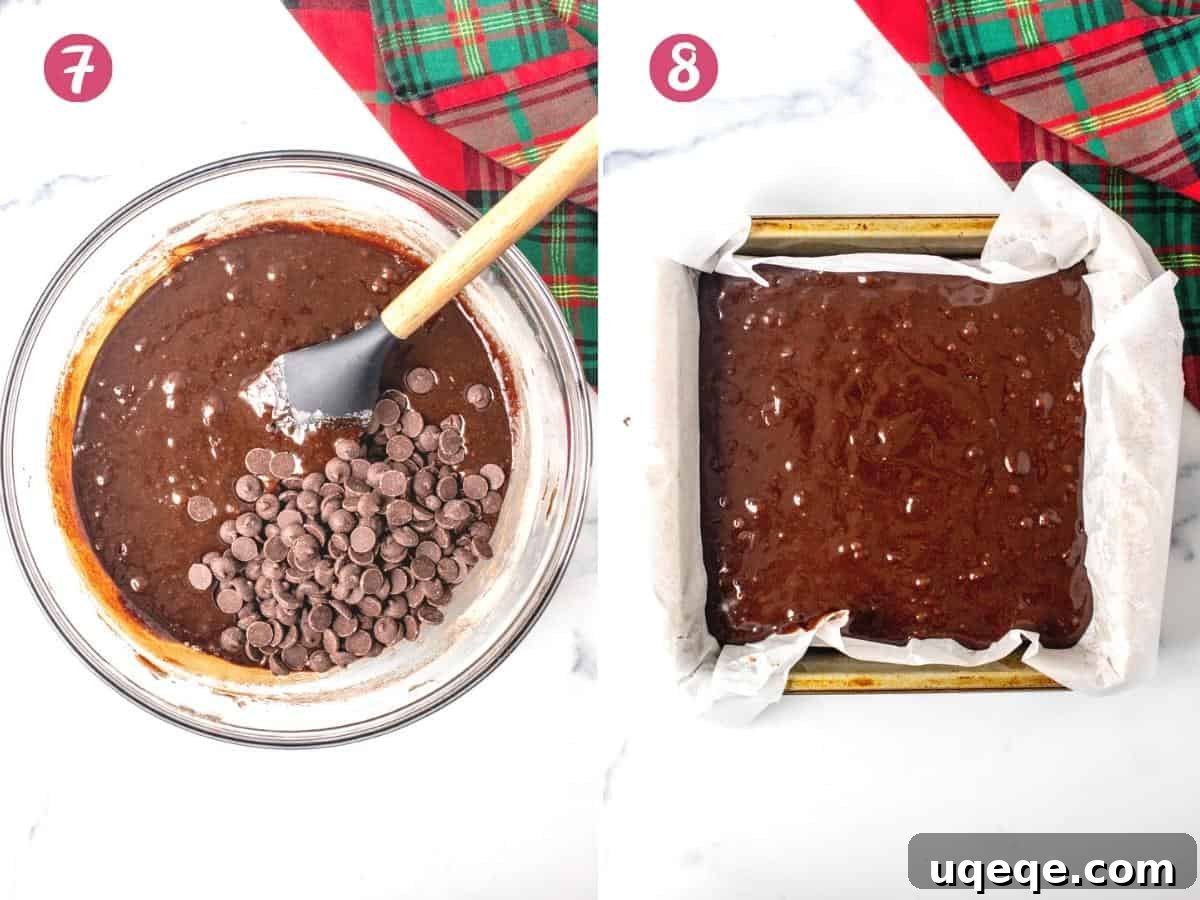 Two images: one shows a bowl of rich brownie batter studded with chocolate chips. The other shows the same batter smoothed into a parchment-lined baking pan, ready for the oven.