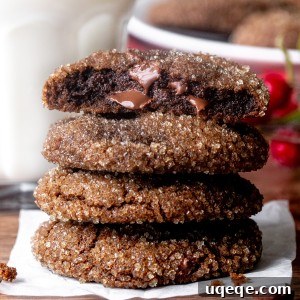 Stack of chocolate gingerbread cookies with top cookie broken in half