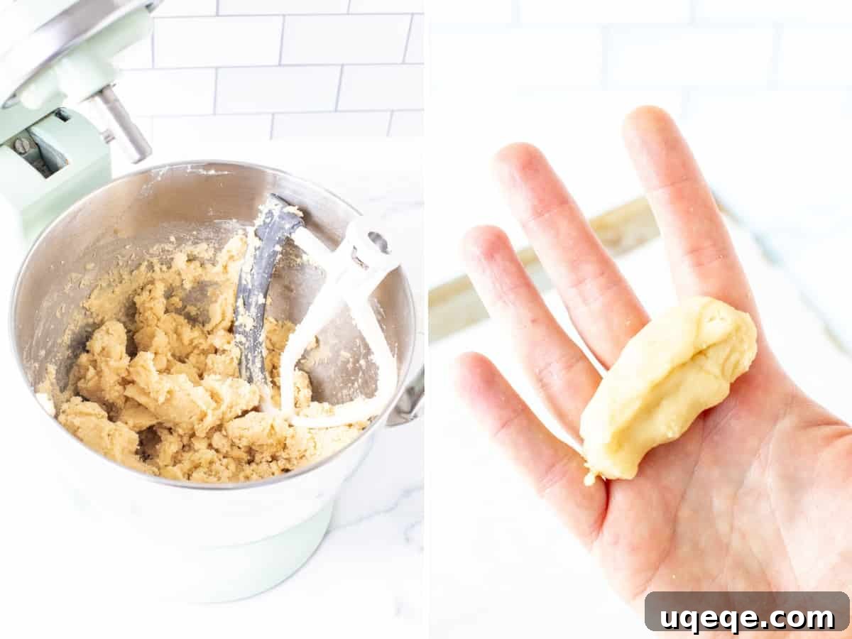 Bowl of almond cookie dough and a hand squeezing a ball of dough to test consistency