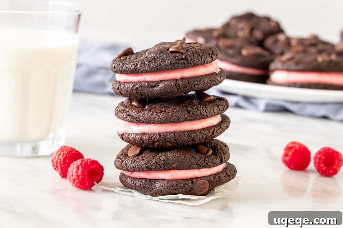 Decadent Chocolate Raspberry Sandwich Cookies 5 A close-up stack of three chocolate raspberry sandwich cookies, highlighting the texture of the cookie and the smooth, creamy frosting.