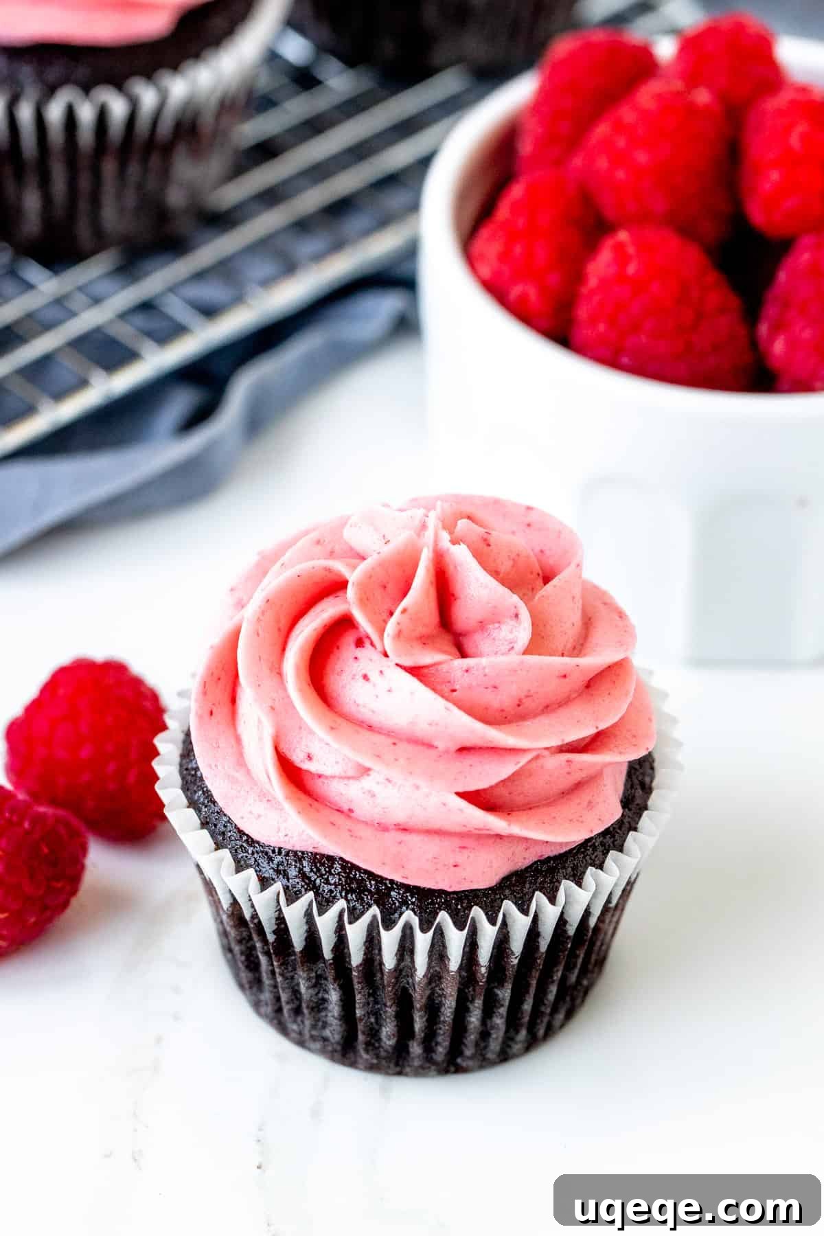 Decadent Chocolate Raspberry Cupcakes 3 A chocolate raspberry cupcake with a small bowl of fresh raspberries on the side.