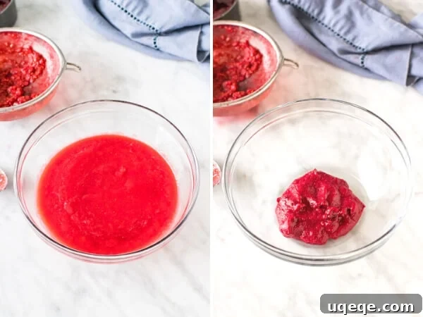 Decadent Chocolate Raspberry Cupcakes 4 Raspberry puree shown before and after being reduced on the stovetop.