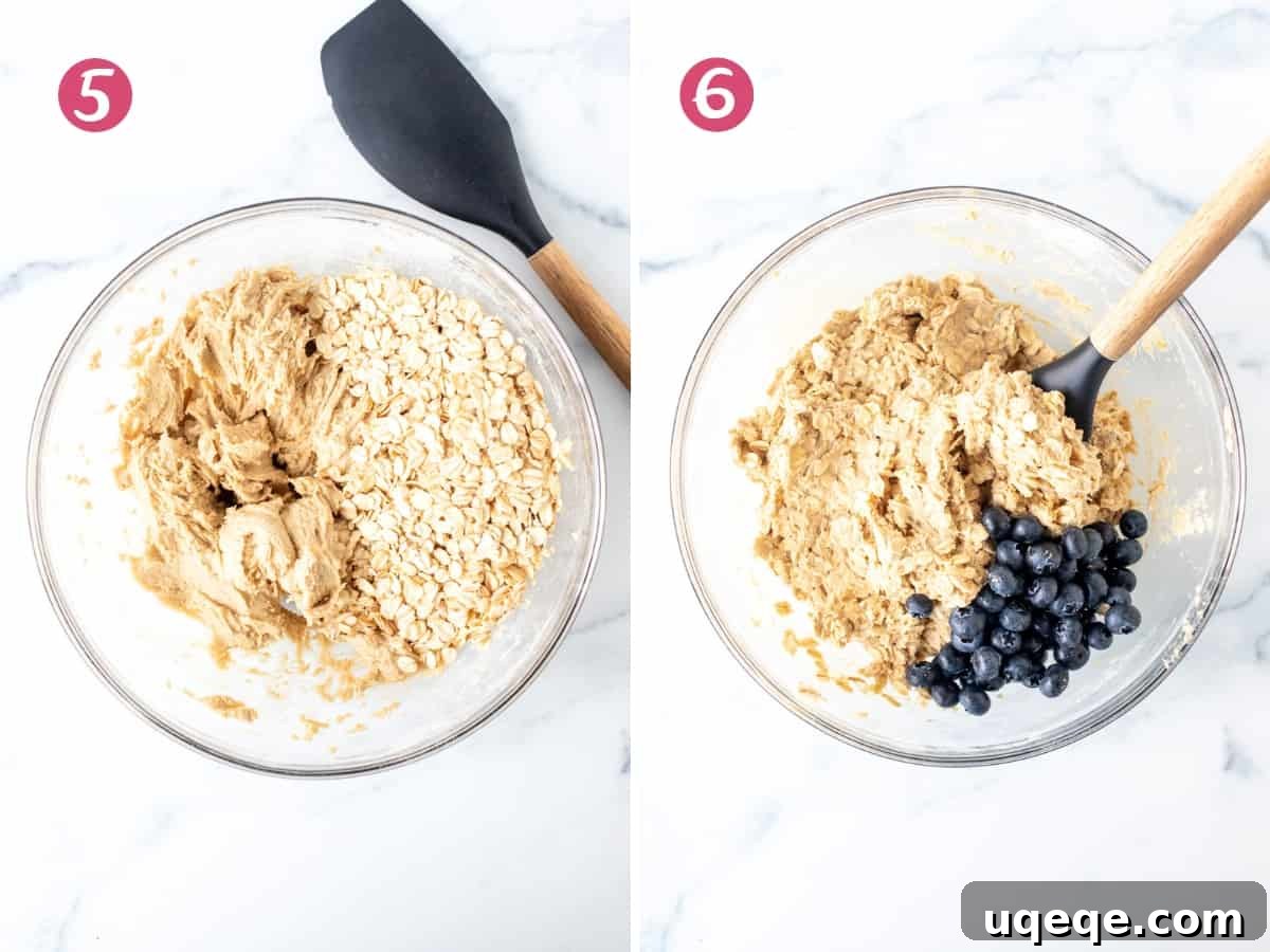 Blueberry Oat Delights 6 Bowl of cookie dough with rolled oats added, and a separate bowl of oatmeal cookie dough with fresh blueberries folded in