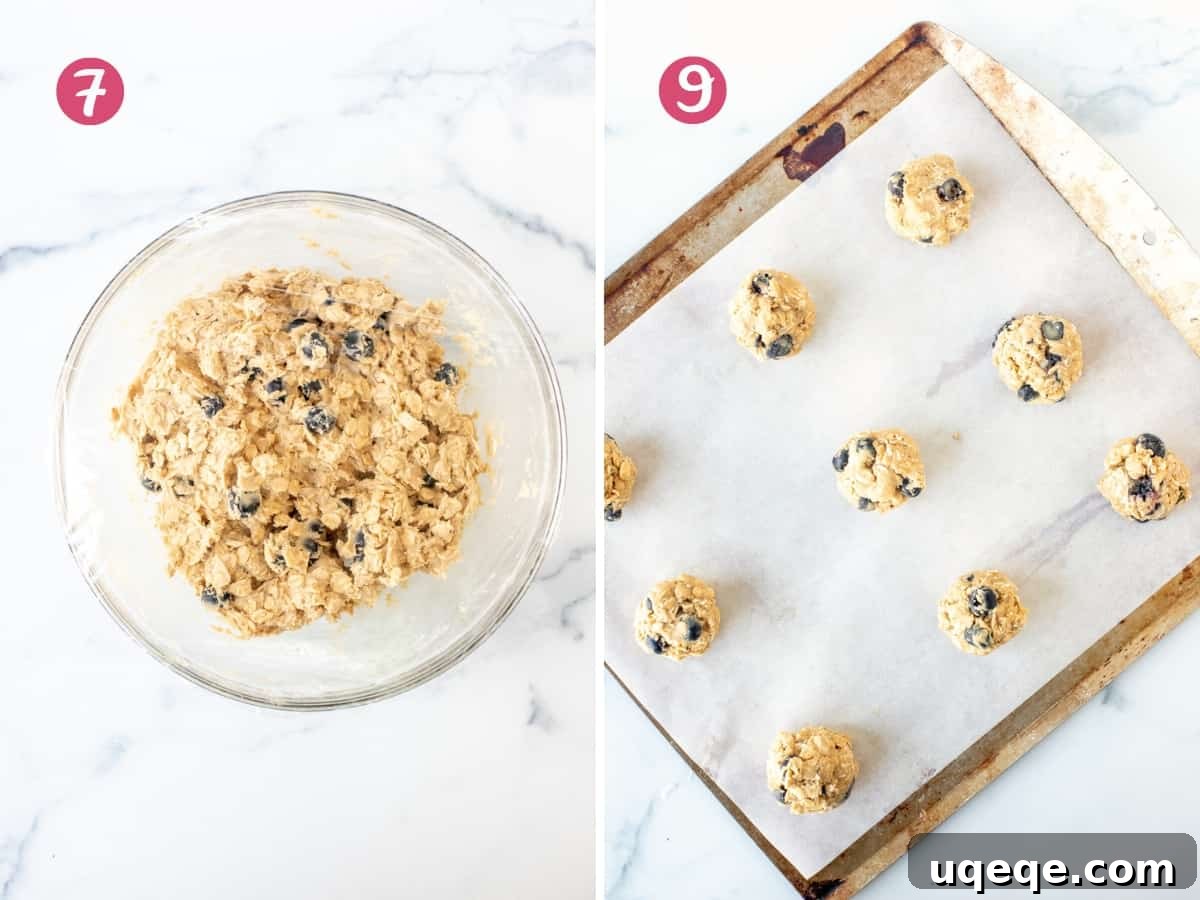 Blueberry Oat Delights 7 Blueberry oatmeal cookie dough in a bowl, and portioned dough balls neatly arranged on a parchment-lined cookie sheet