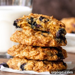 Stack of blueberry oatmeal cookies, with top cookie broken in half.