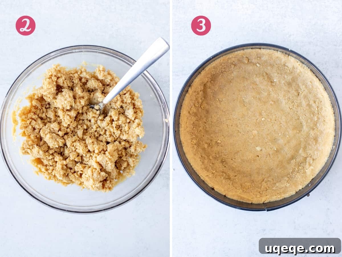 Ultimate Golden Oreo Cheesecake 3 A bowl of crushed Golden Oreos mixed with melted butter, next to a 9-inch springform pan with a perfectly pressed Golden Oreo crust ready for chilling.