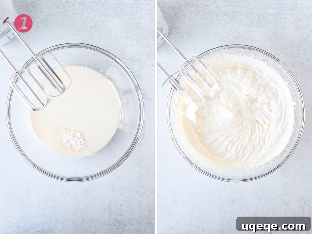 Ultimate Golden Oreo Cheesecake 4 A sequence of images showing cold whipping cream and powdered sugar in a bowl, followed by perfectly whipped stiff peak cream.