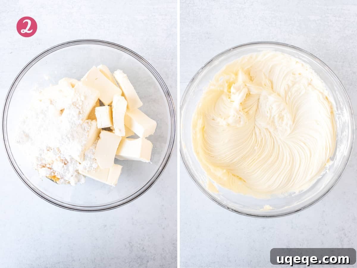 Ultimate Golden Oreo Cheesecake 5 A bowl containing softened cream cheese, powdered sugar, and vanilla extract, followed by the same ingredients beautifully blended into a smooth, creamy mixture.