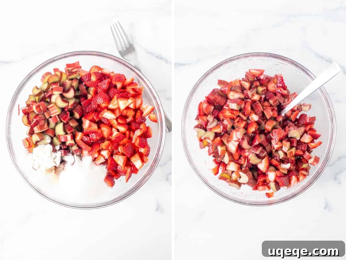 Sweet-Tart Strawberry Rhubarb Squares 3 Bowl of fresh ingredients for strawberry rhubarb filling, and a second bowl showing the mixed ingredients ready for baking.