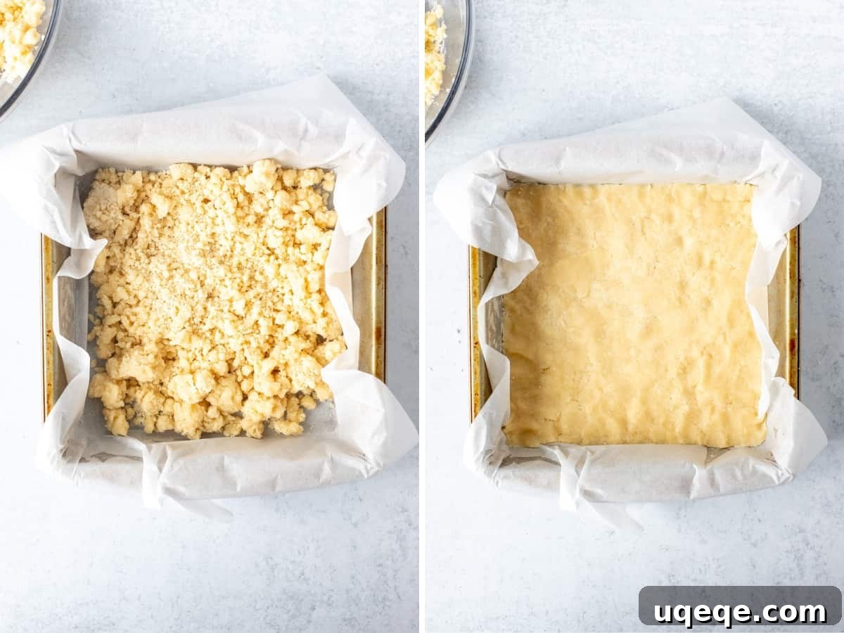Irresistible Cherry Crumble Bars 5 Two photos: one showing shortbread dough in a pan, and another showing the dough pressed down into an even layer in the pan, ready for baking