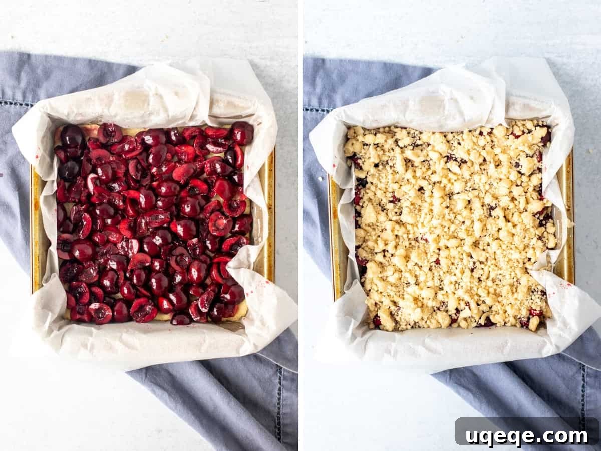 Irresistible Cherry Crumble Bars 7 Pan of cherry crumb bars with the cherry layer added, and a second photo showing the unbaked bars with crumb topping sprinkled over