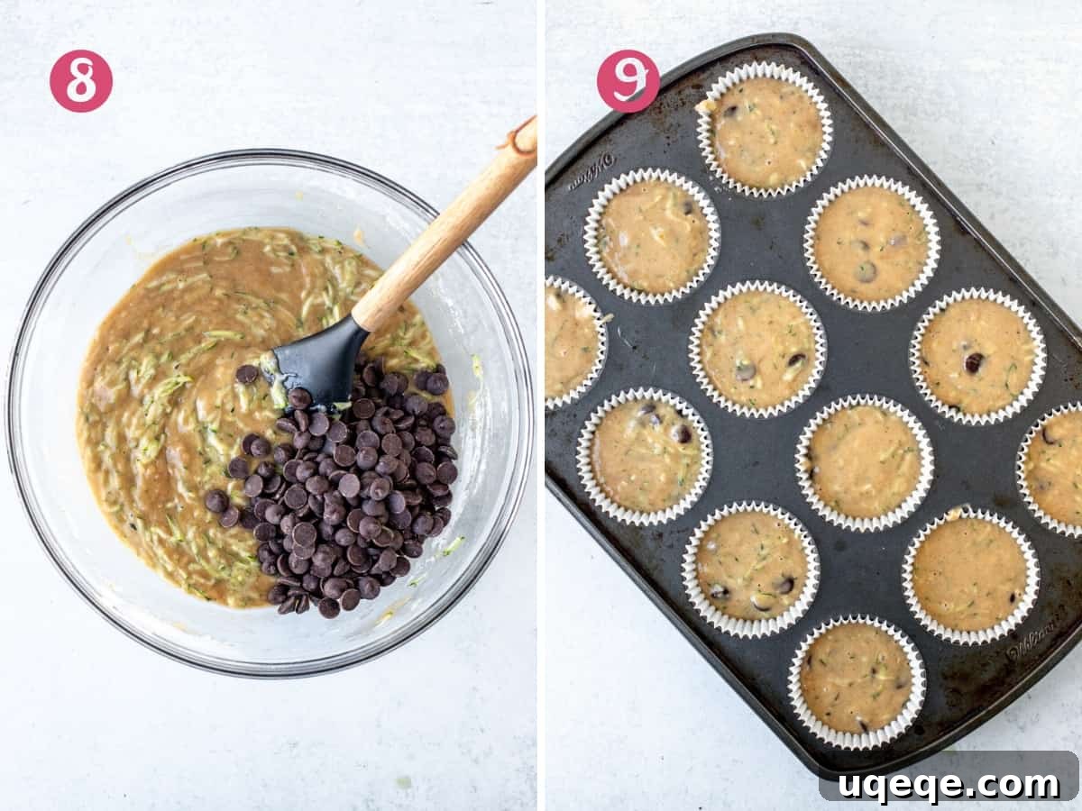 Secret Zucchini Chocolate Chip Muffins 6 Bowl of zucchini chocolate chip muffin batter next to a muffin tin filled with unbaked muffins