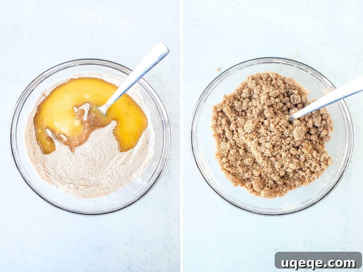 Cinnamon Swirl Zucchini Coffee Cake 3 Two bowls side-by-side: one containing dry streusel ingredients, the other showing streusel after melted butter has been mixed in.