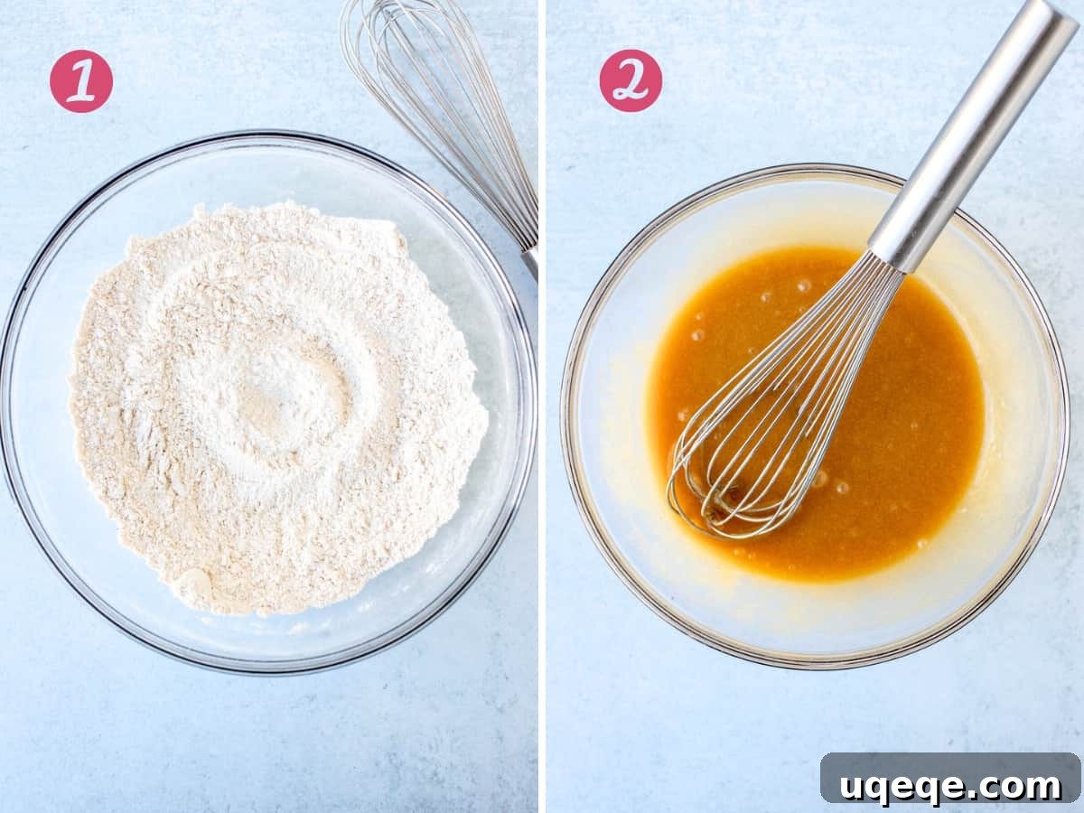 Cinnamon Swirl Zucchini Coffee Cake 4 Two bowls side-by-side: one with whisked dry ingredients for the cake, the other with whisked wet ingredients.