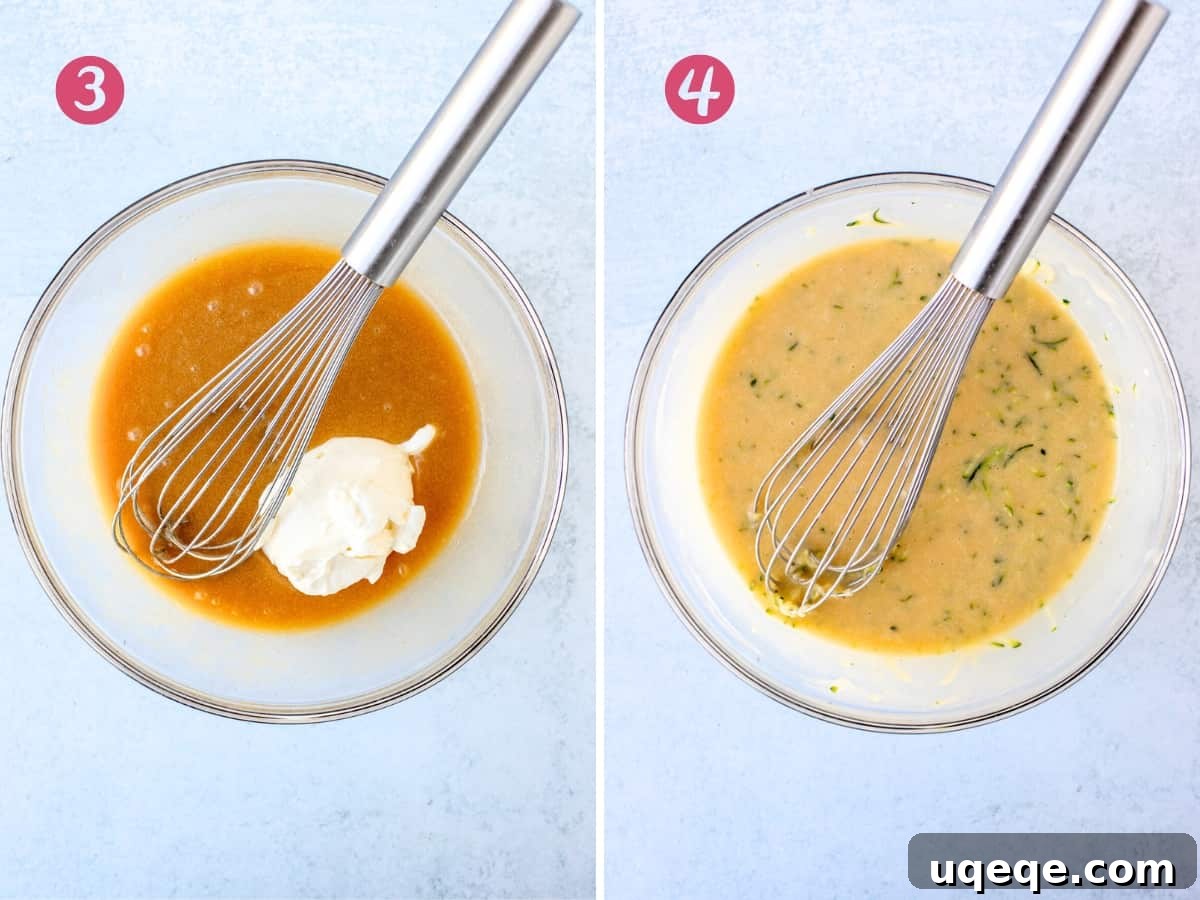 Two bowls side-by-side: one with wet ingredients before adding sour cream, the other with wet ingredients after zucchini has been mixed in.