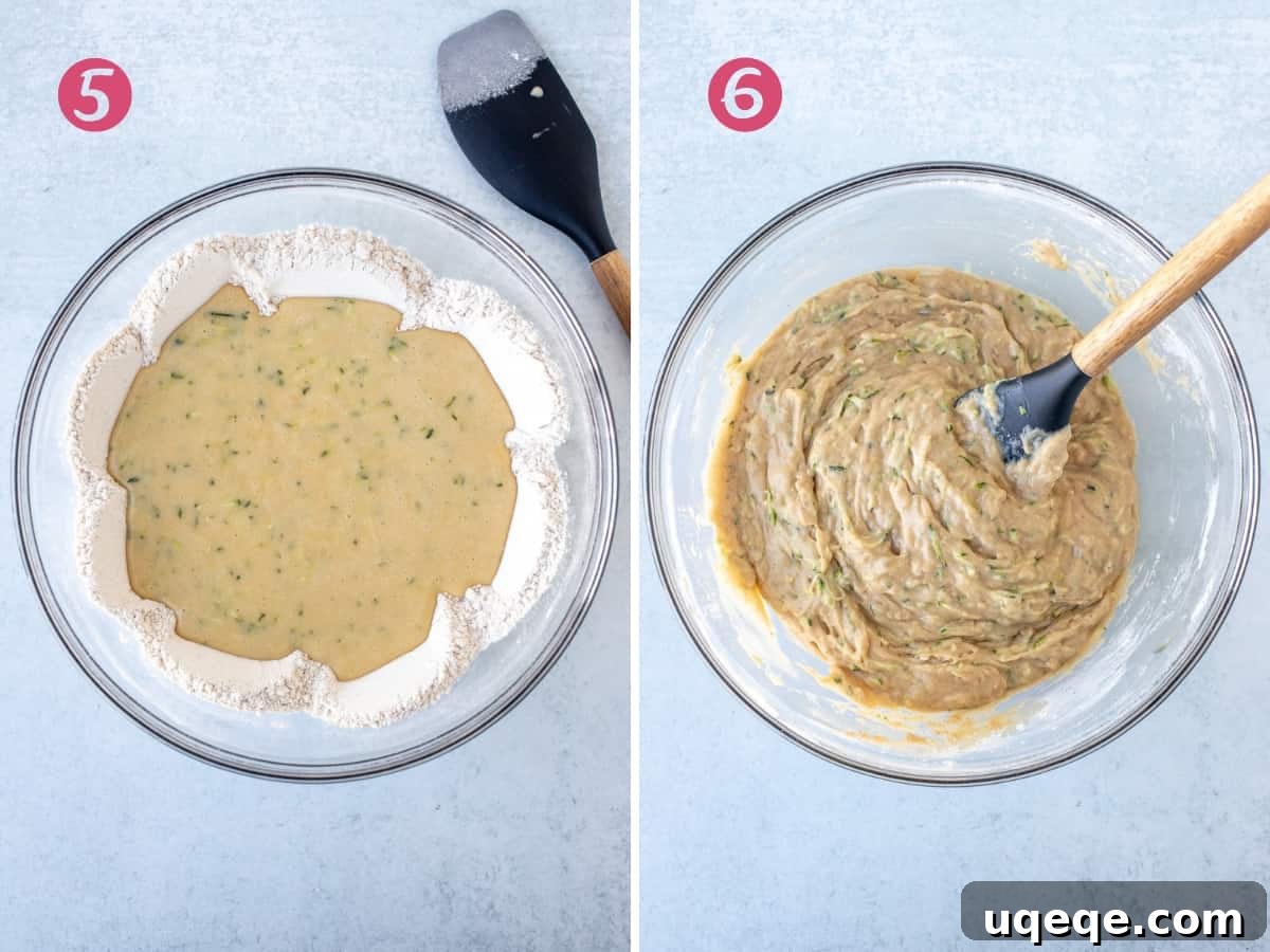 Two bowls side-by-side: one showing wet ingredients poured into dry ingredients, the other showing the thick, combined zucchini cake batter.