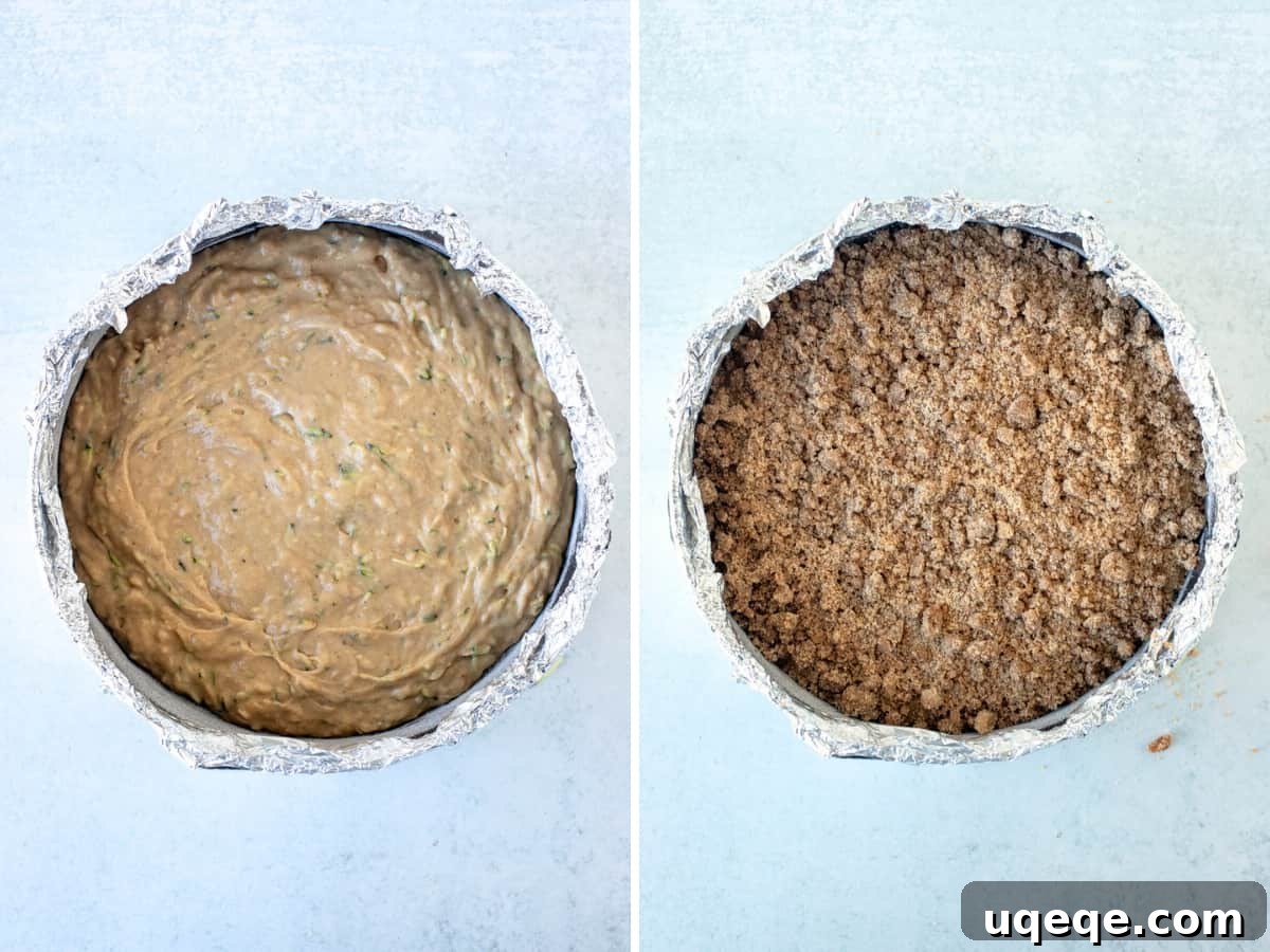 Cinnamon Swirl Zucchini Coffee Cake 7 Two images: a springform pan with zucchini cake batter, and the same pan with unbaked zucchini coffee cake topped with streusel.