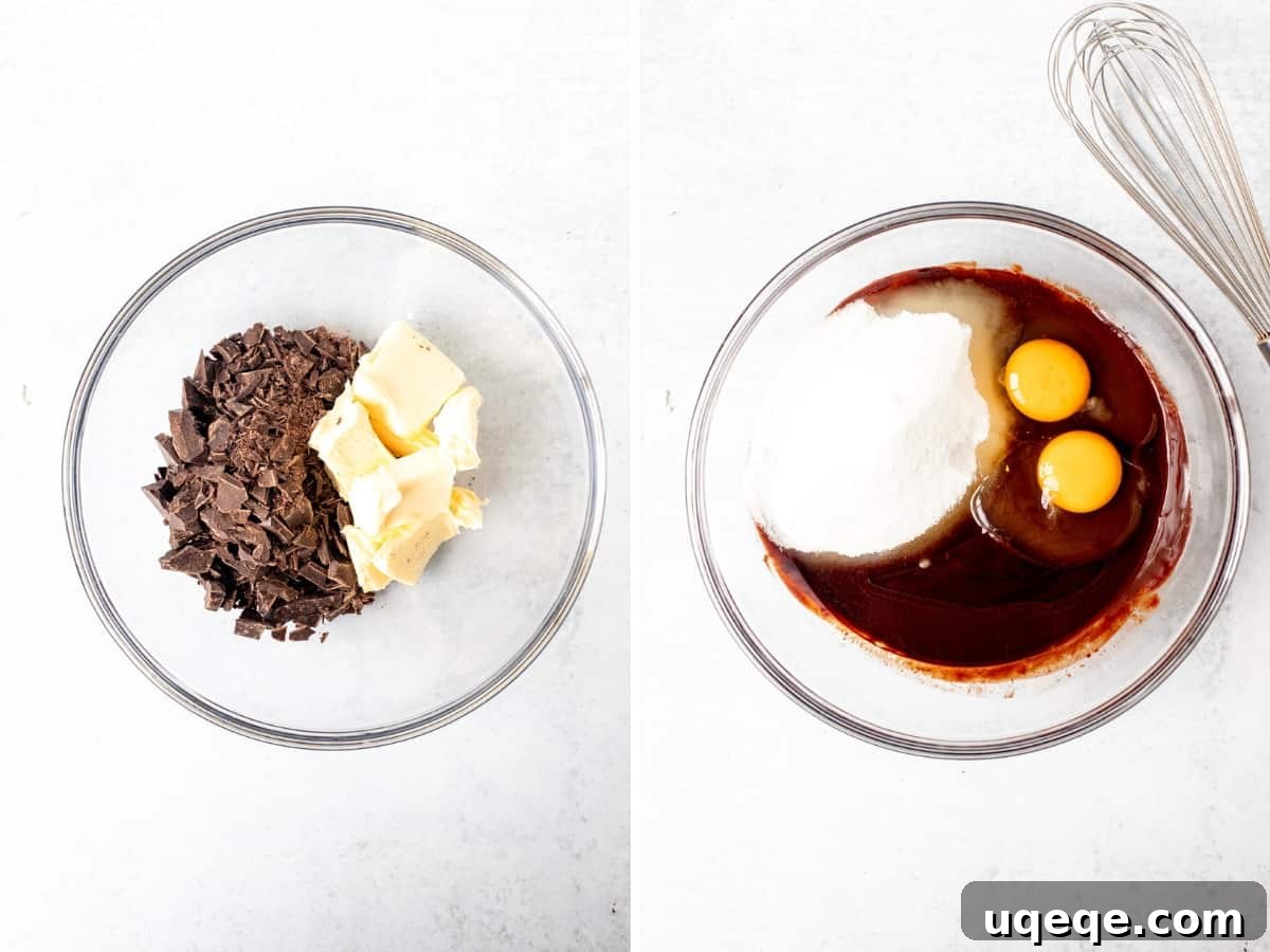 Buttery Brownie Bliss 5 Bowl of finely chopped chocolate and butter before melting, and a bowl of the melted chocolate mixture with sugar, eggs, and vanilla, ready for dry ingredients