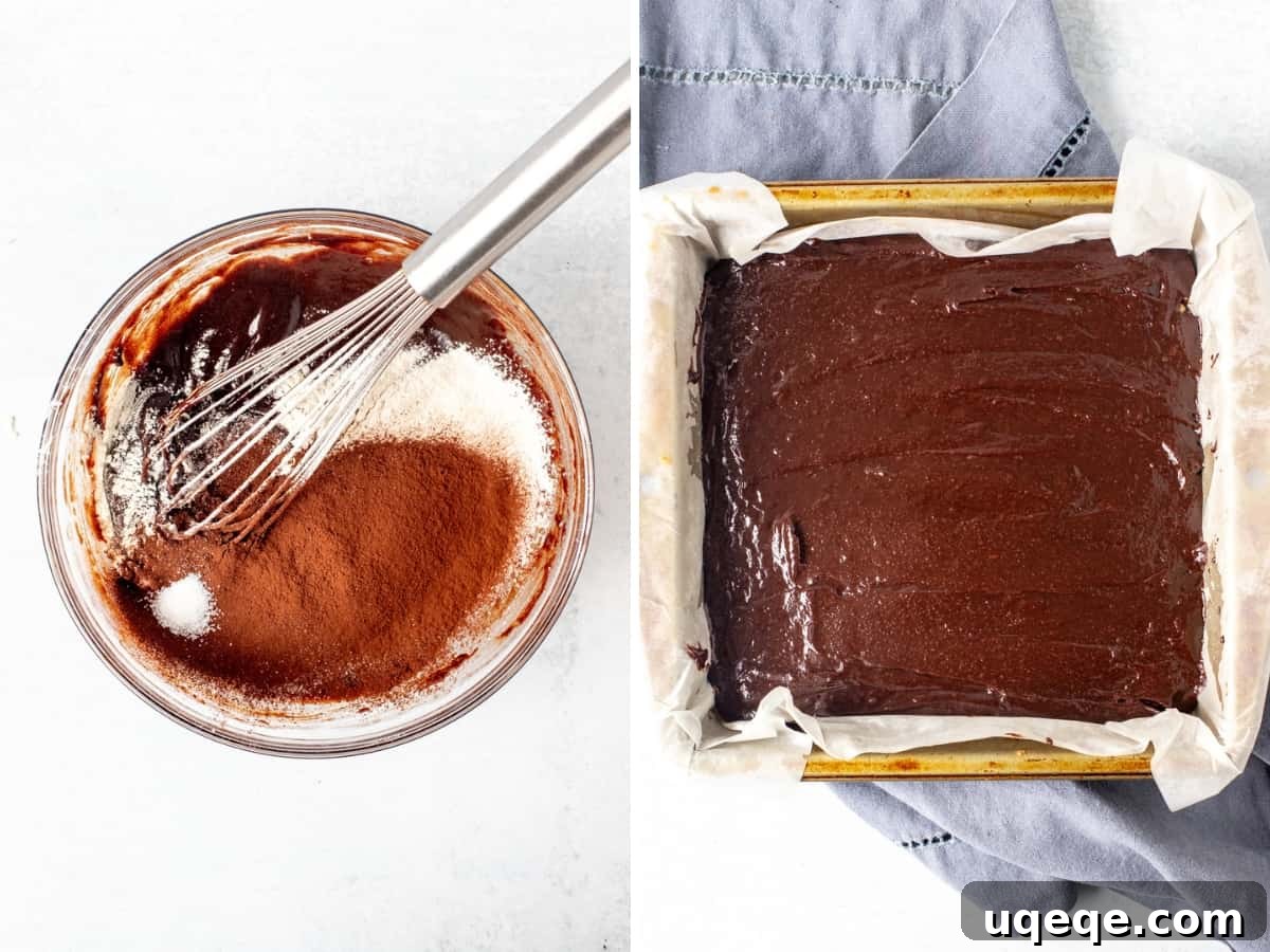 Buttery Brownie Bliss 6 Bowl of rich brownie batter after dry ingredients are mixed in, and a pan with the brownie batter spread over the shortbread crust, ready for the oven