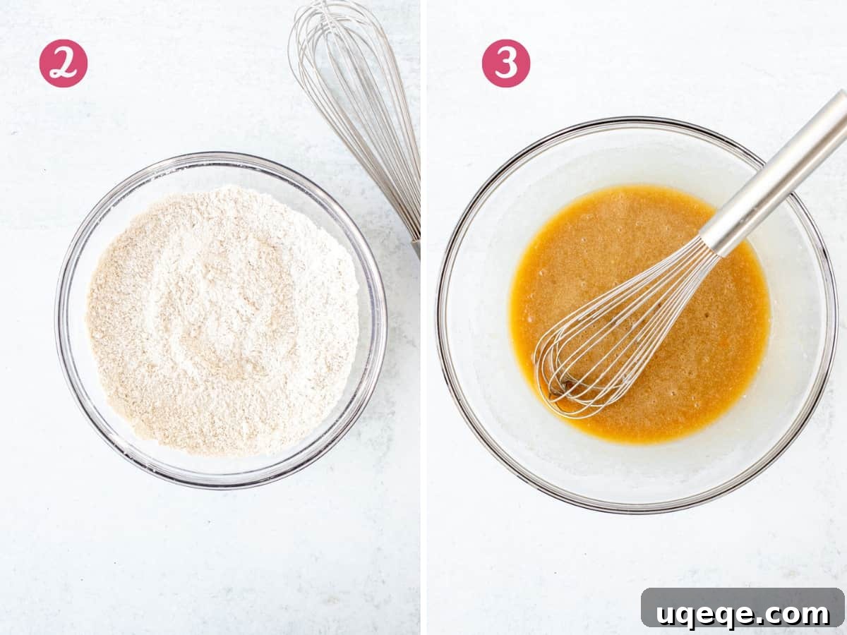 Two bowls, one containing whisked dry ingredients for cupcakes, and the other containing whisked wet ingredients (melted butter, sugars, eggs, vanilla) for a visual step-by-step baking guide.