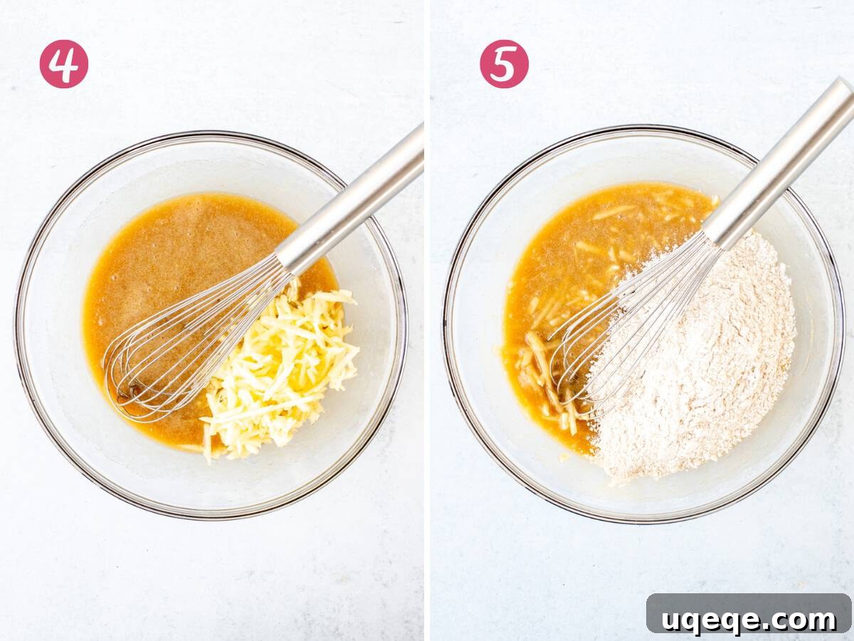 Images showing the process: grating an apple and mixing it with milk into the wet ingredients, followed by combining the wet and dry ingredients in a bowl, demonstrating correct mixing technique for tender cupcakes.