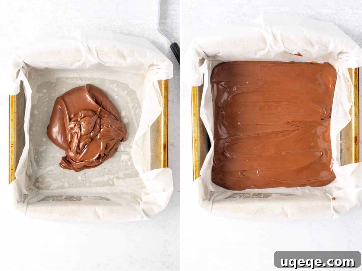 Pumpkin Blondies with a Nutella Heart 4 Side-by-side images showing Nutella in a lined pan, and then spread into an even layer, ready for freezing.
