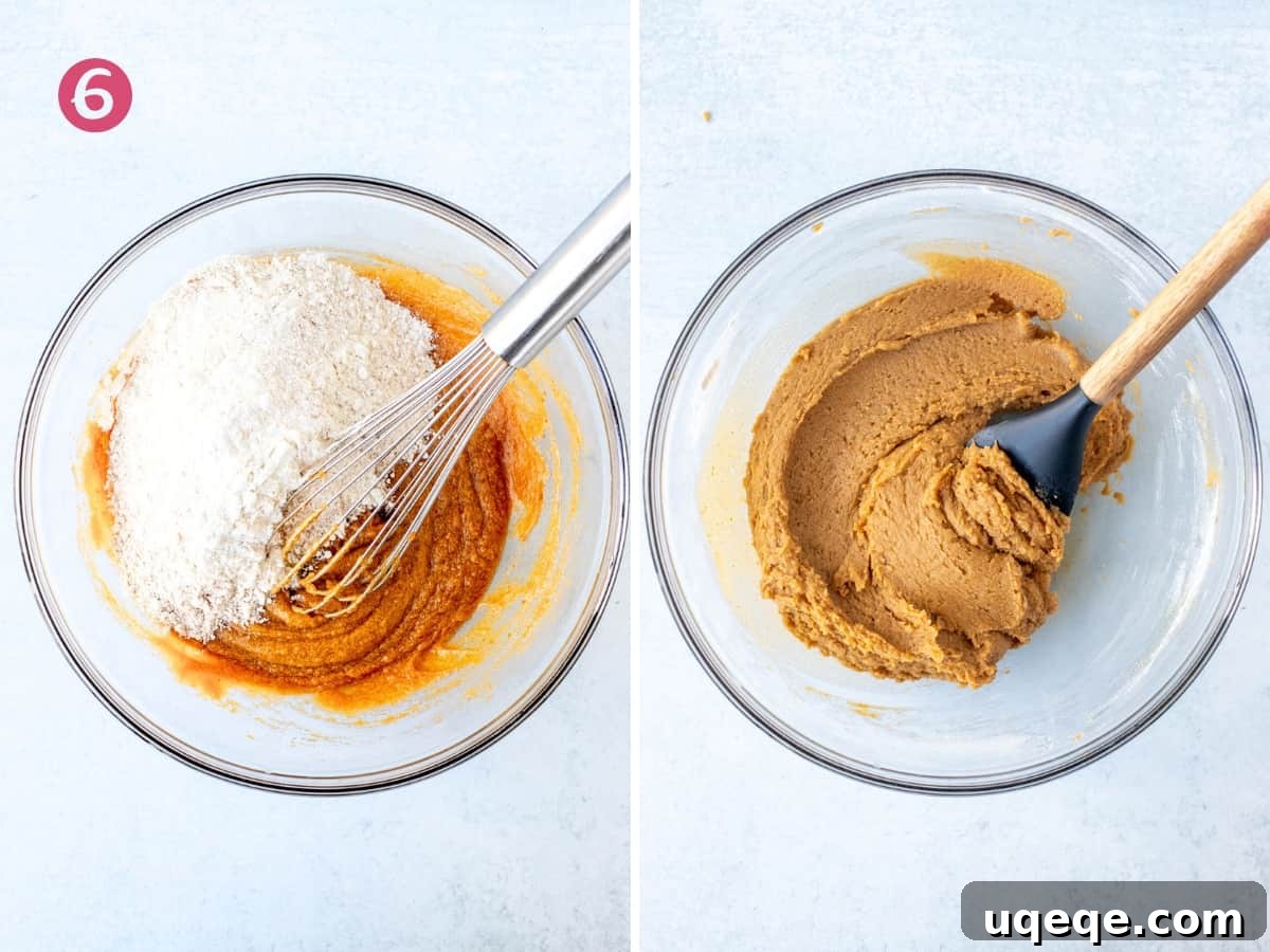 Pumpkin Blondies with a Nutella Heart 7 Visuals of the pumpkin mixture with dry ingredients added, then fully mixed into a rich pumpkin blondie dough, ready for layering.