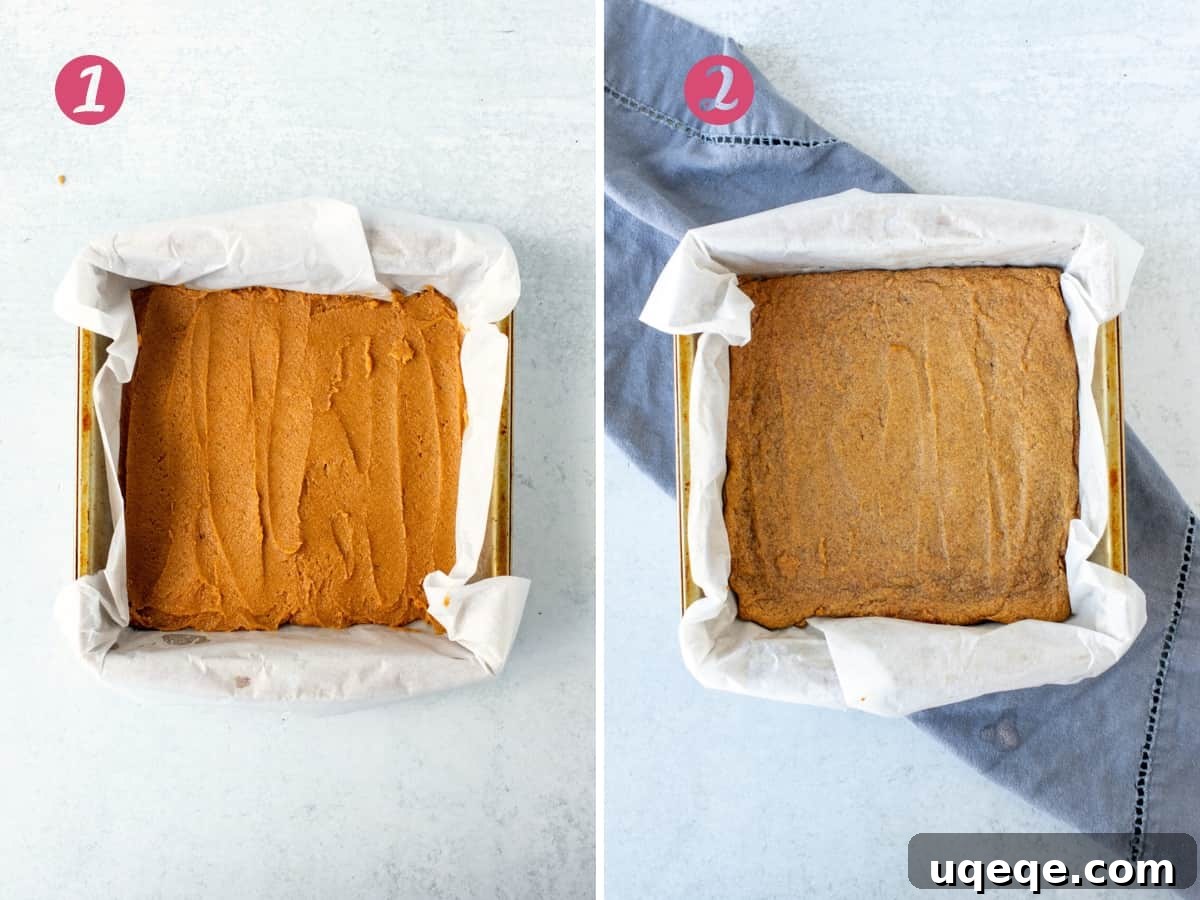 Pumpkin Blondies with a Nutella Heart 8 Images showing the first layer of pumpkin blondie batter in a pan, and then the same layer after being partially baked to a golden finish.