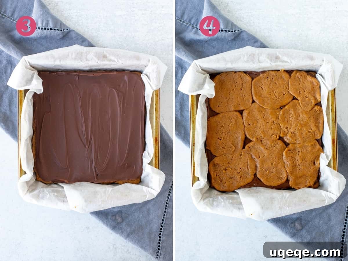 Pumpkin Blondies with a Nutella Heart 9 Lined pan with a frozen Nutella layer placed atop a baked pumpkin base, and then the assembled pan with the top pumpkin layer partially covering the Nutella before final baking.