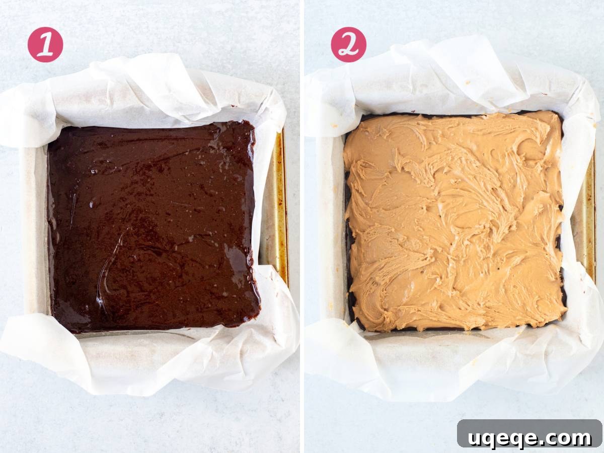 Peanut Butter Fudge Brownie Bombs 7 Lined pan of brownie batter and lined pan of brownie batter with peanut butter layer on top