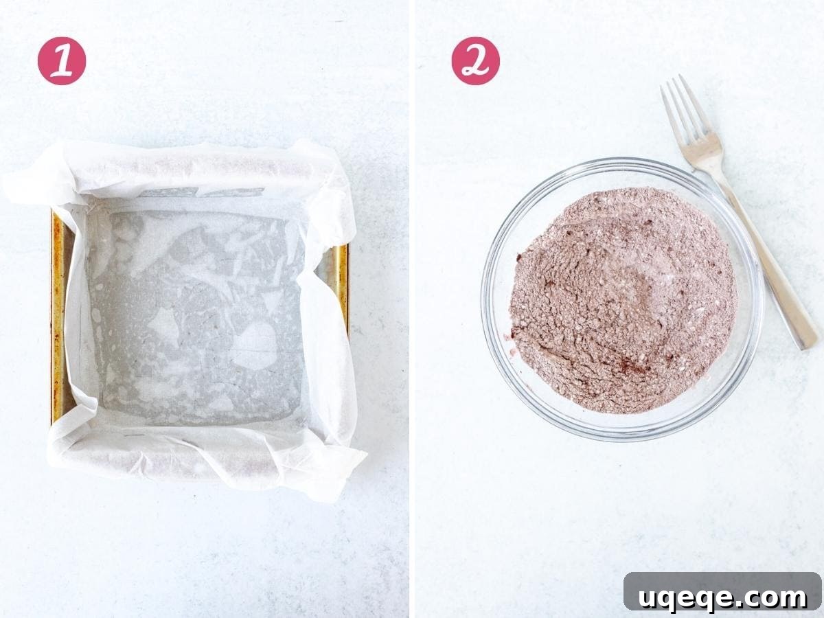 Lined 8x8 inch pan and a bowl of whisked dry ingredients (flour, cocoa, cornstarch, salt)