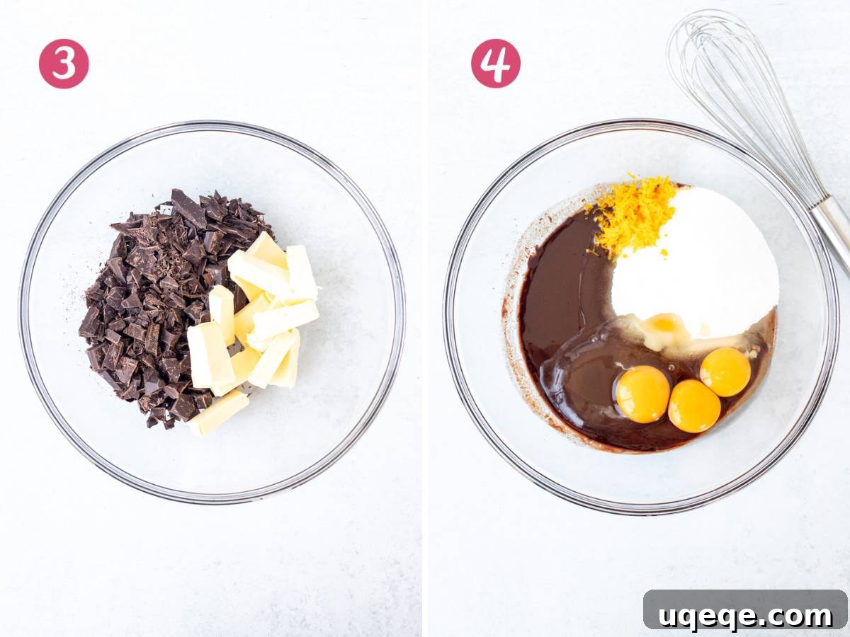 Bowl of melted butter and chocolate, and a bowl of the combined wet ingredients (sugar, eggs, orange zest)