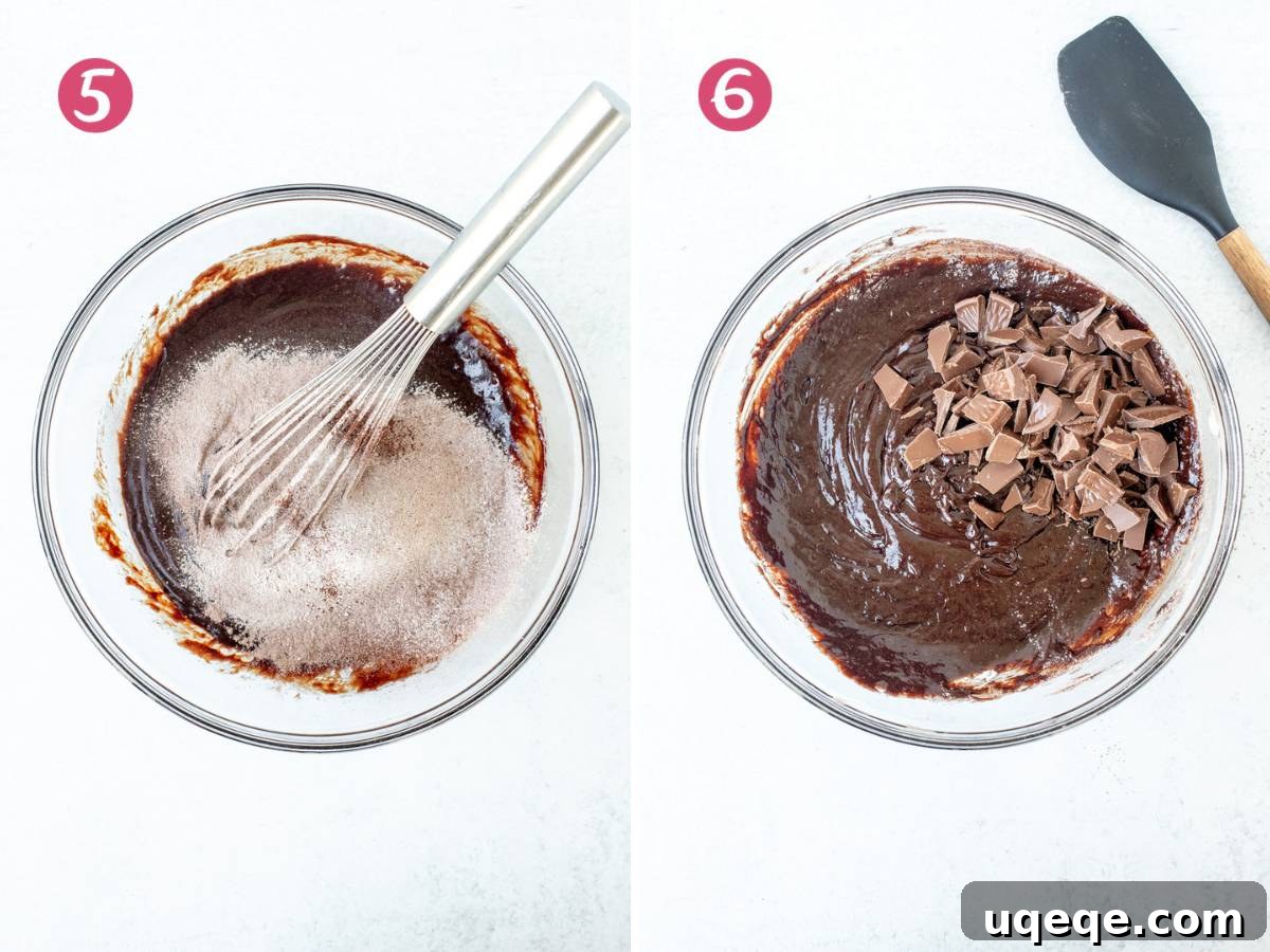 Bowl of brownie batter after dry ingredients are mixed, and another bowl showing chopped orange chocolate folded into the batter