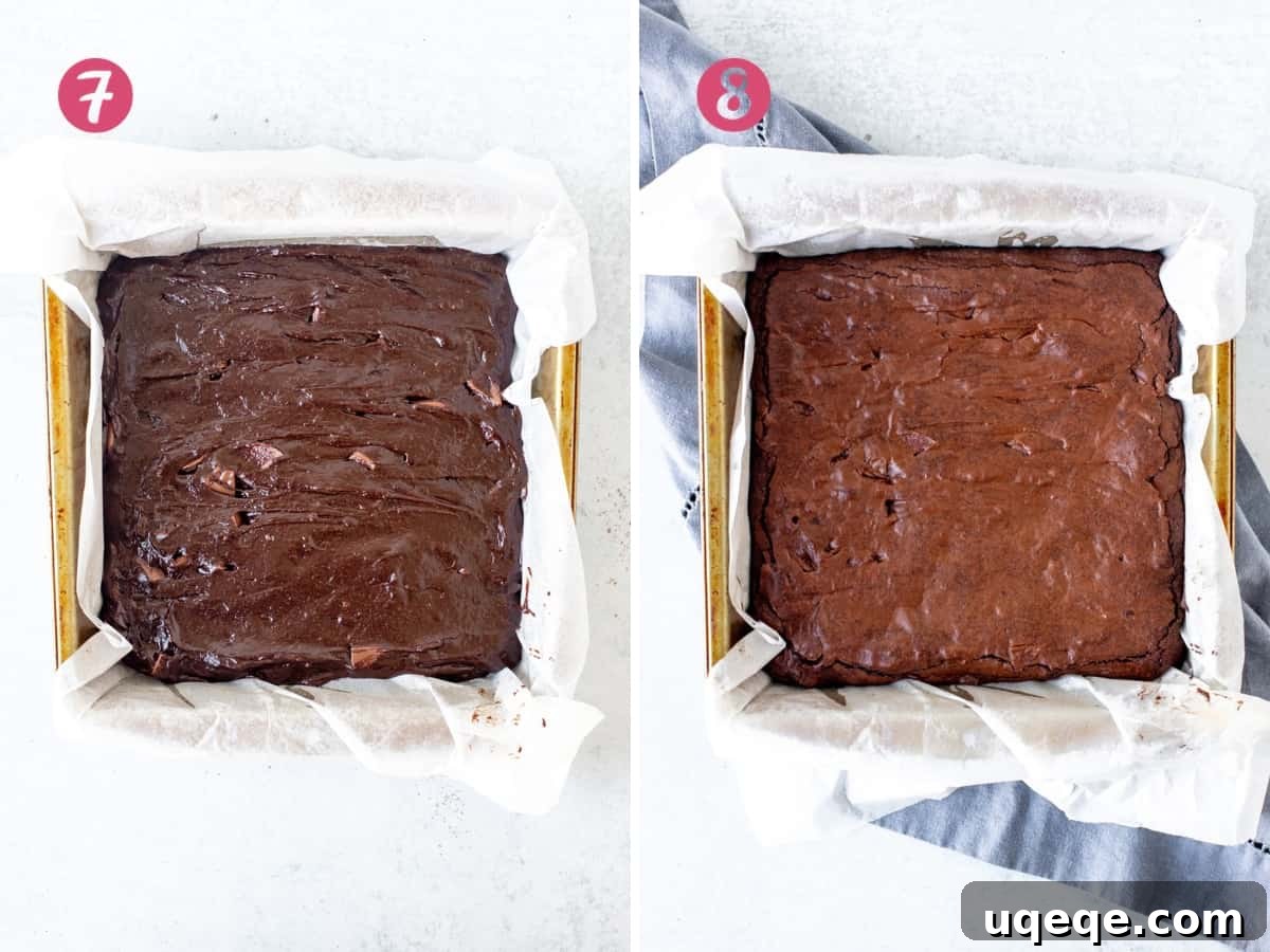 Pan of unbaked brownie batter next to a pan of freshly baked chocolate orange brownies
